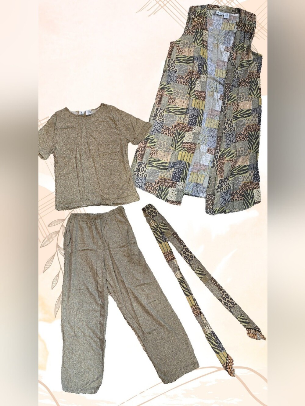 Vintage 90s DB Line 3 Piece Rayon Set | Safari Animal Print Duster Vest | Boho W